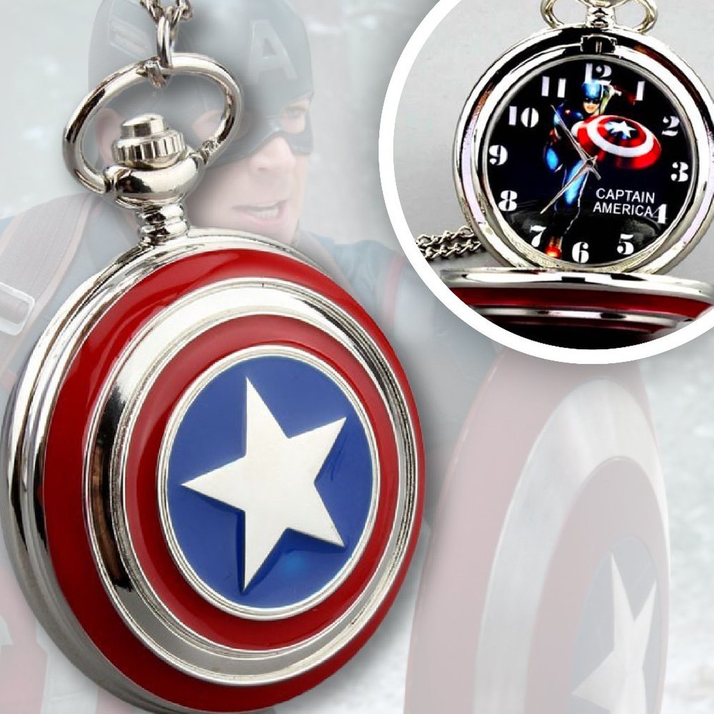 Captain America Pocket Watch Marvel Gift NEW Shield Necklace Jewelry - Picture 1 of 6